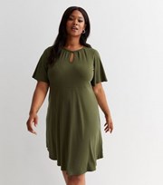 New Look Curves Dark Green Ribbed Jersey Short Sleeve Keyhole Mini Dress